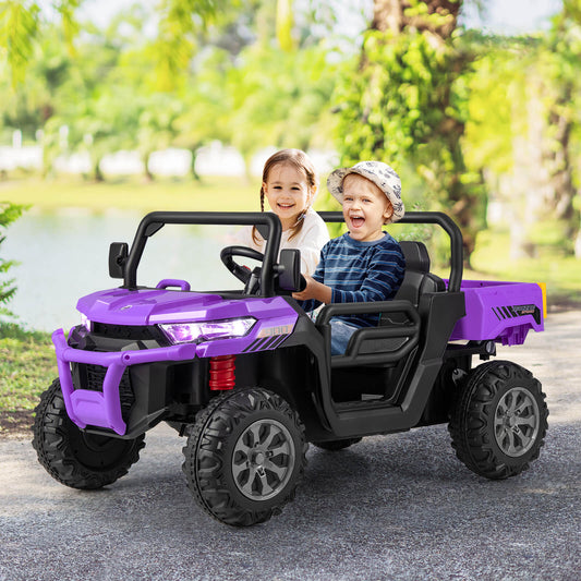 12V Kids Ride On Dump Truck, 2-Seater, Purple