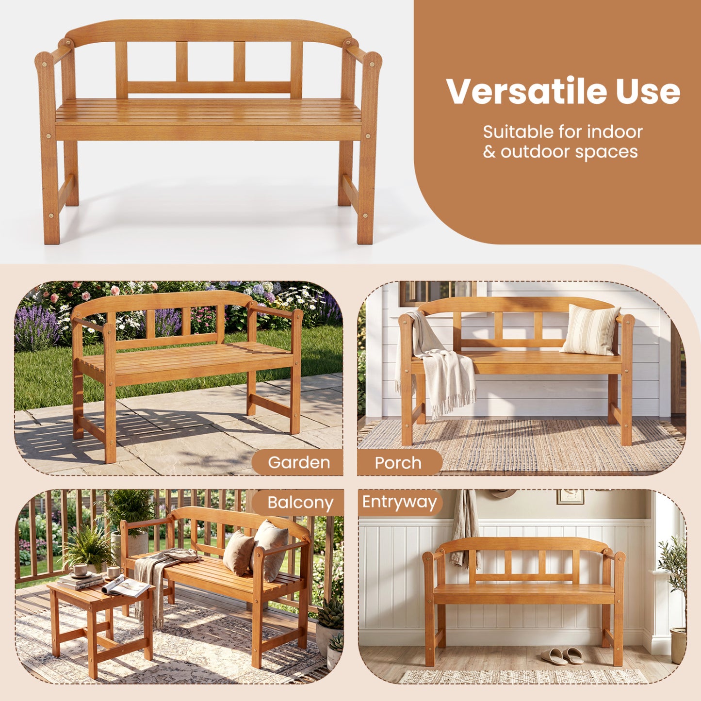 2-Seater Outdoor Acacia Wood Garden Bench with Backrest & Armrests Outdoor Benches at Gallery Canada