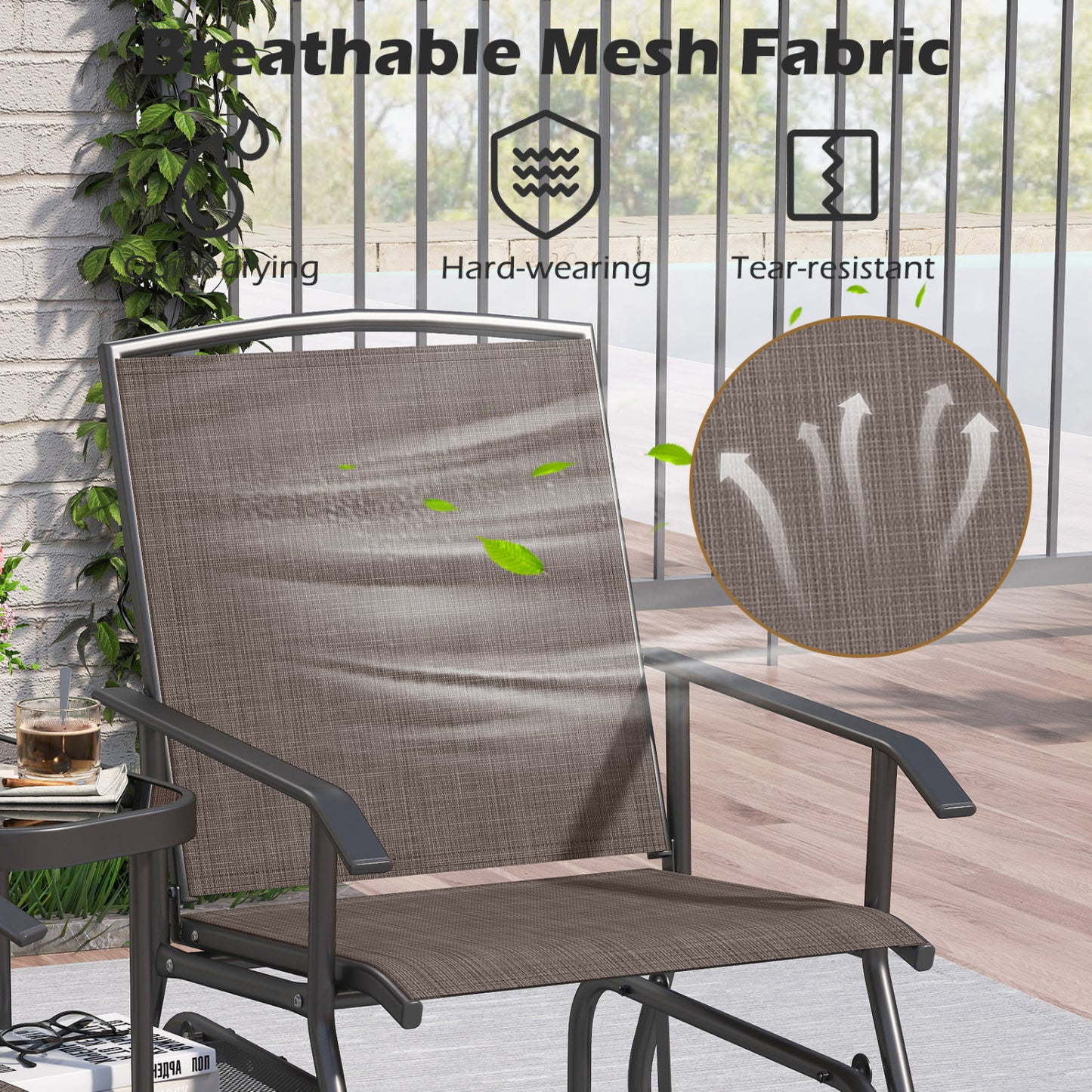 2-Seat Outdoor Glider Bench with Center Table, Brown