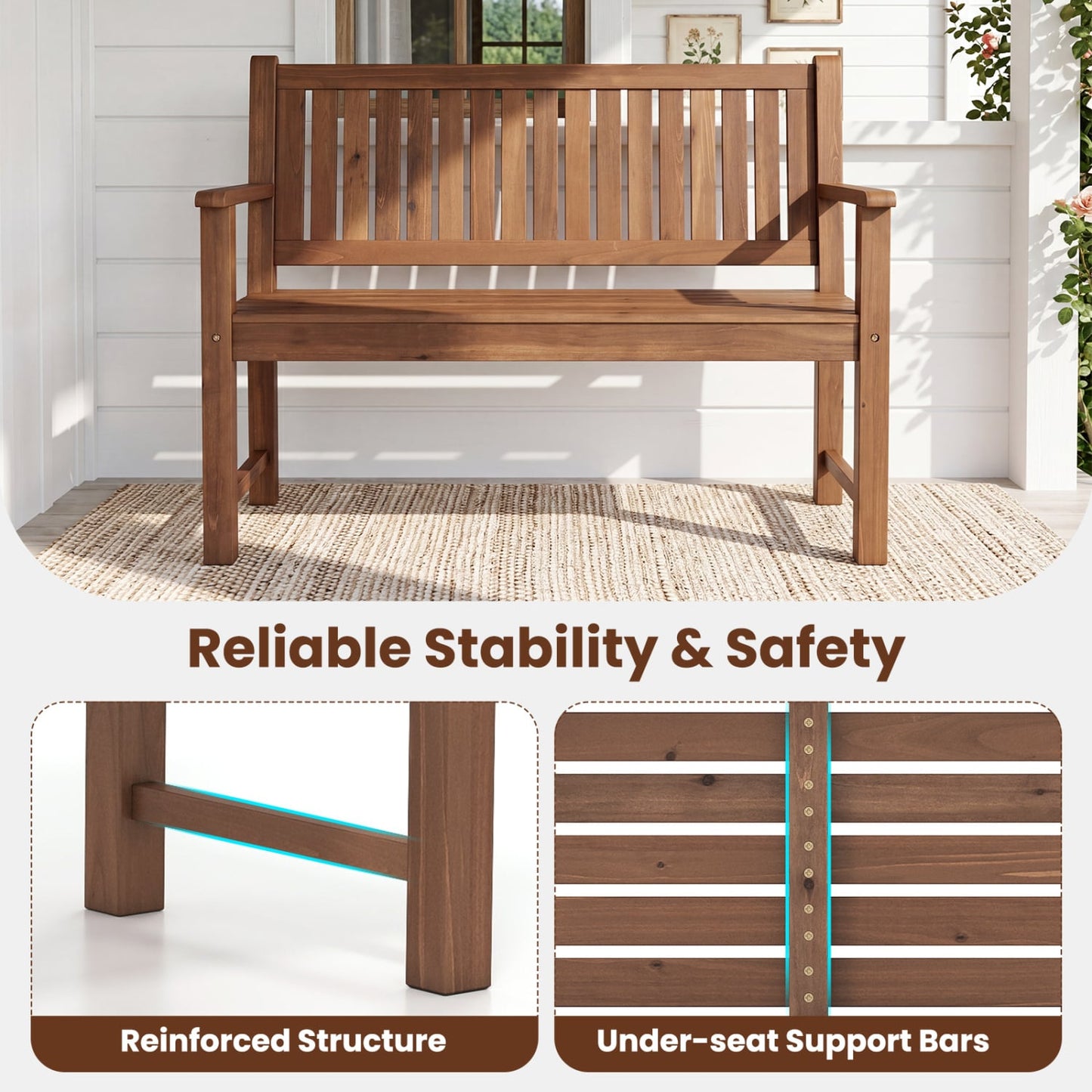 Outdoor Wooden Bench 2-Seater, Brown