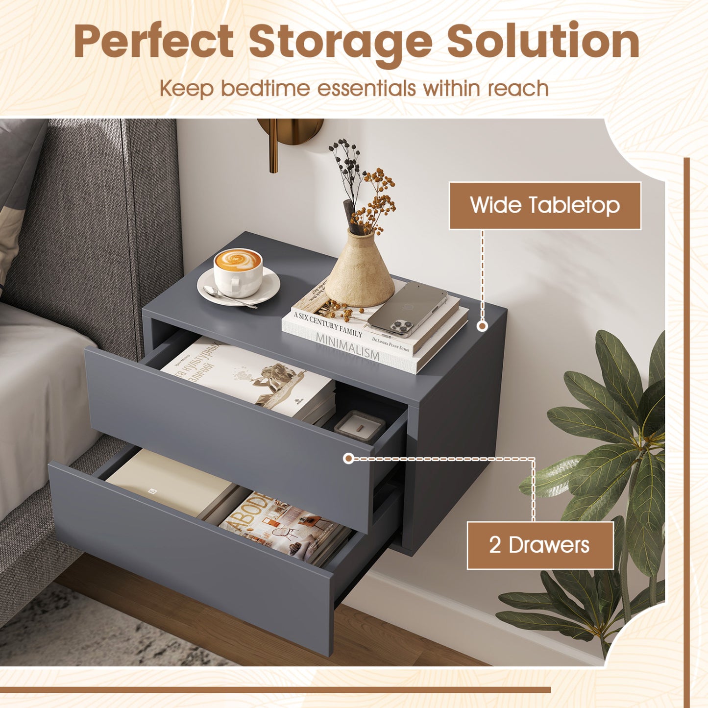 2 Storage Drawers Wall Mounted Floating Nightstand for Bedroom, Gray Nightstands at Gallery Canada