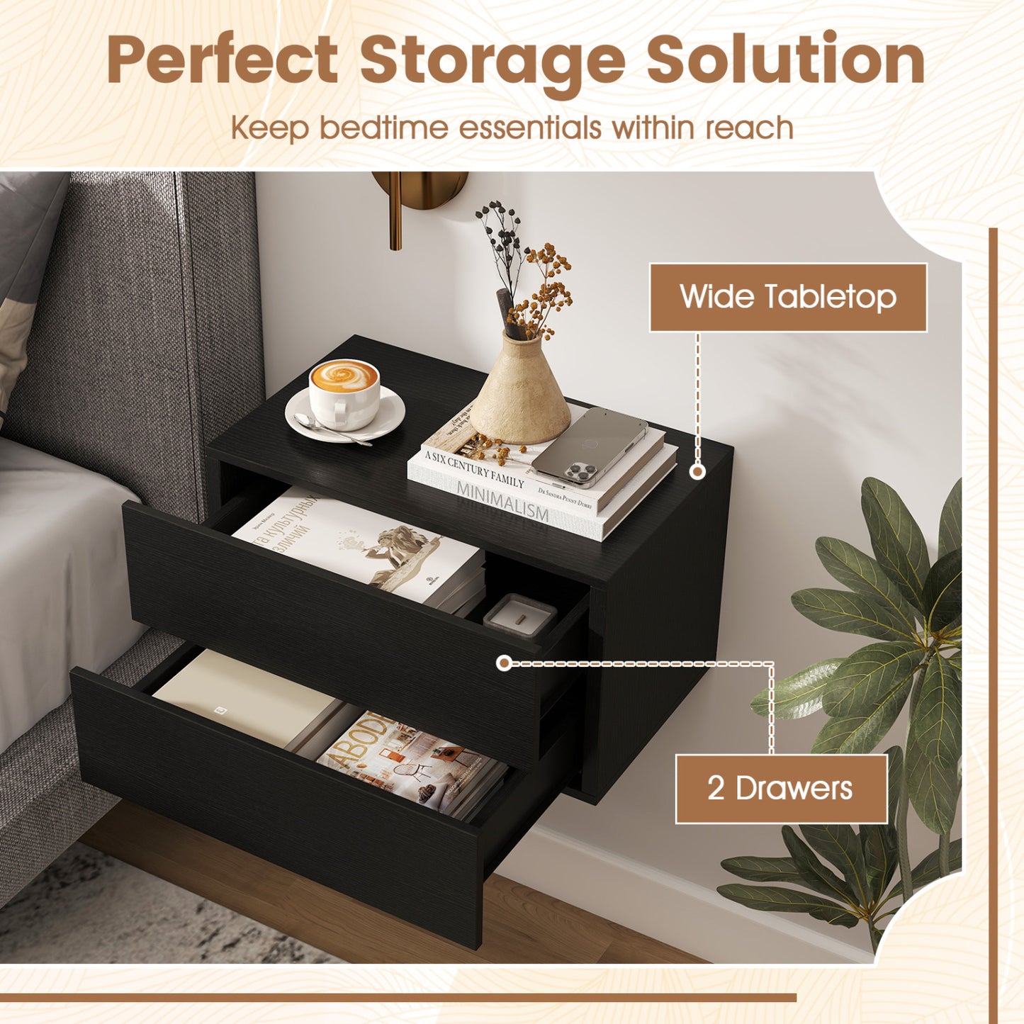 2 Storage Drawers Wall Mounted Floating Nightstand for Bedroom, Black Nightstands at Gallery Canada