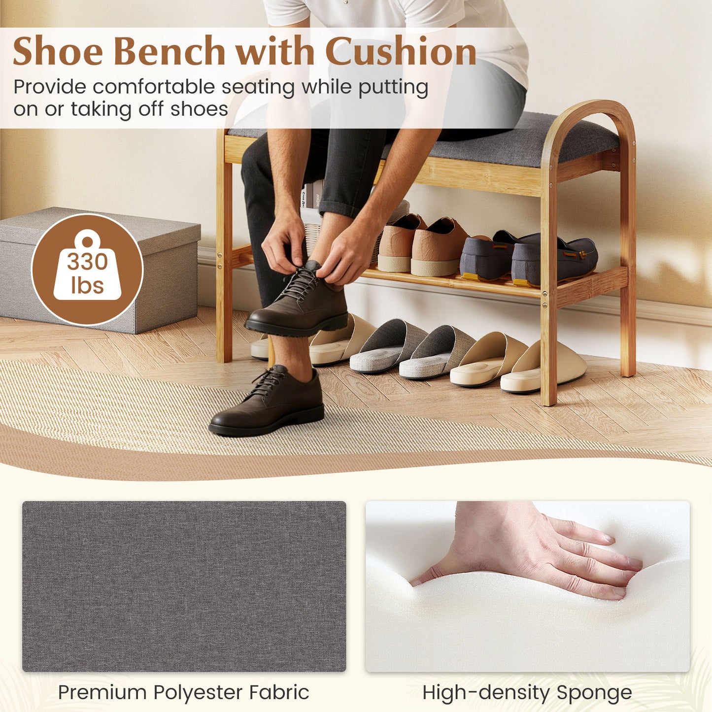 2-Tier Bamboo Shoe Bench with Storage and Padded Cushion, Gray Shoe Racks & Storage Benches at Gallery Canada