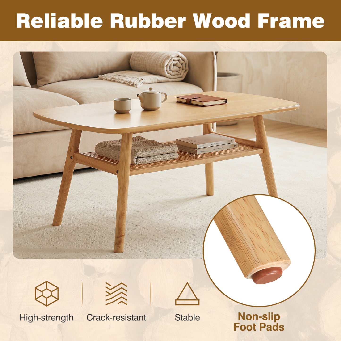 2-Tier Boho Rattan Coffee Table, Natural