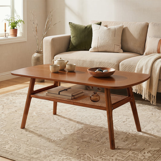 2-Tier Boho Rattan Coffee Table, Walnut Coffee Tables Walnut at Gallery Canada