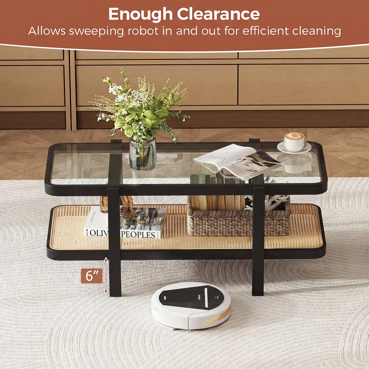 2-Tier Coffee Table, Storage, Tempered Glass Tabletop, Black