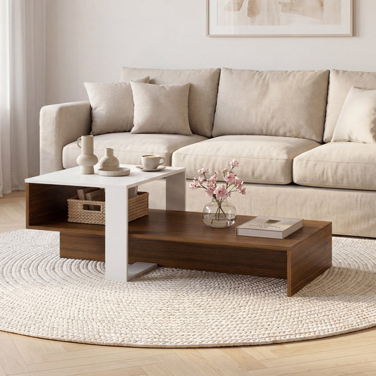 2-Tier Irregular Coffee Table With Open Shelf, Brown & White Coffee Tables Brown & White at Gallery Canada