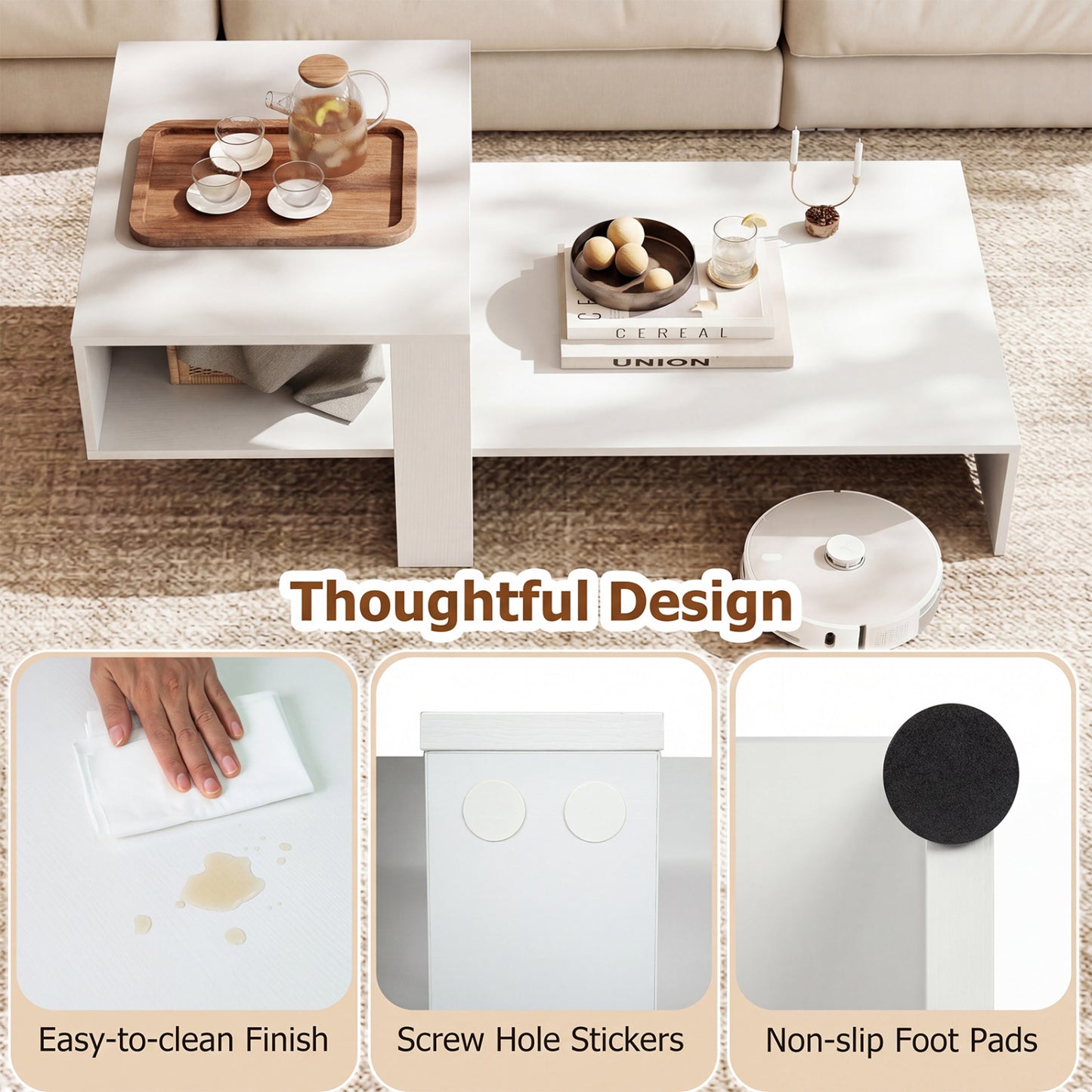 2-Tier Modern Coffee Table With Open Shelf, White