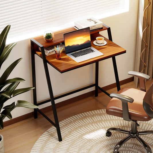 2 Tier Computer Desk, PC Laptop Table, Home Office Workstation, Walnut Writing Desks Walnut at Gallery Canada