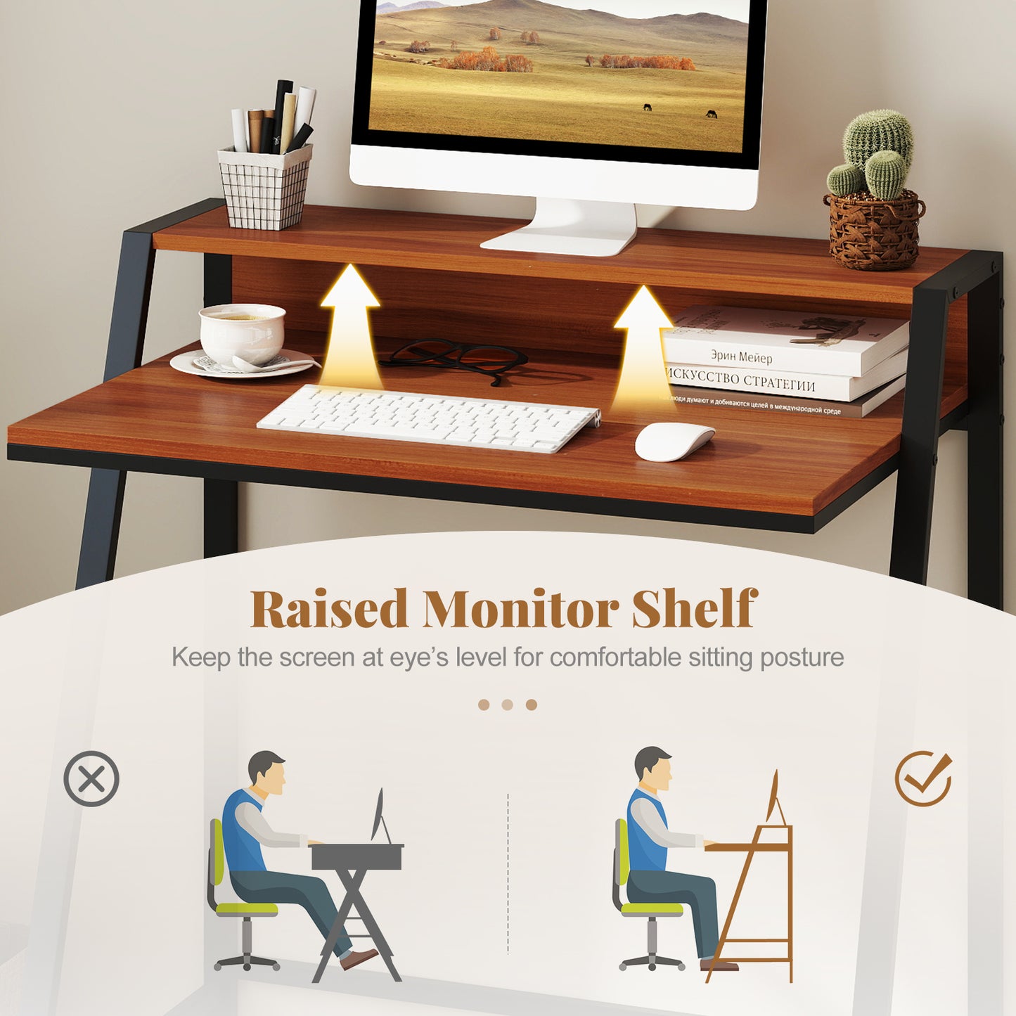 2 Tier Computer Desk, PC Laptop Table, Home Office Workstation, Walnut