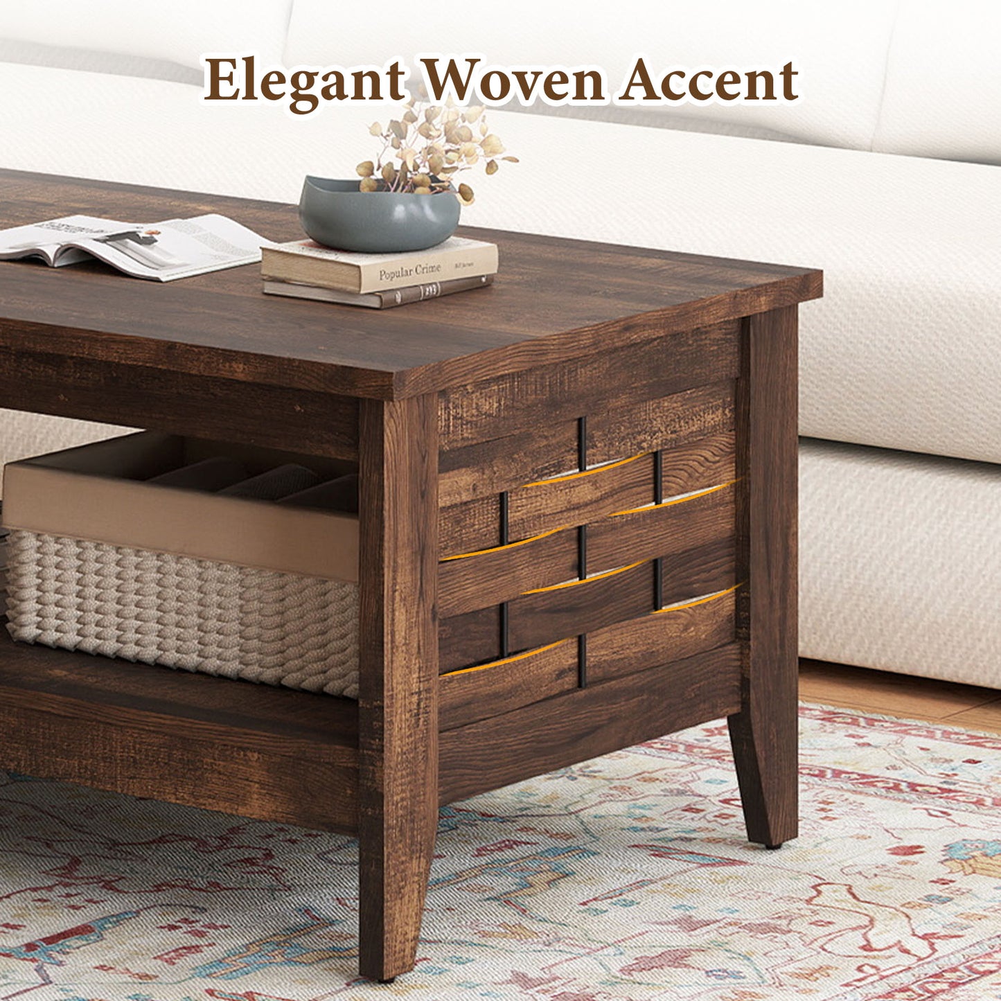 2-Tier Farmhouse Coffee Table, Open Shelf, Woven Decor, Rustic, Brown Coffee Tables at Gallery Canada