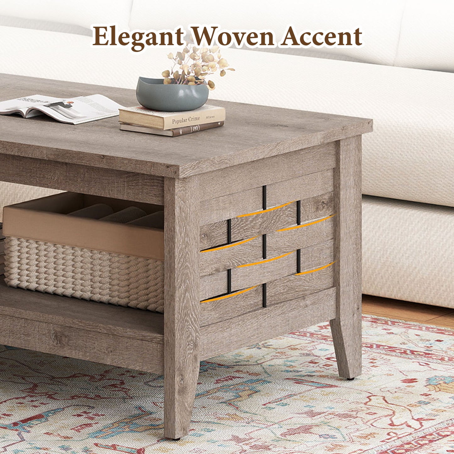 2-Tier Farmhouse Coffee Table, Open Shelf, Woven Decor, Oak Coffee Tables at Gallery Canada