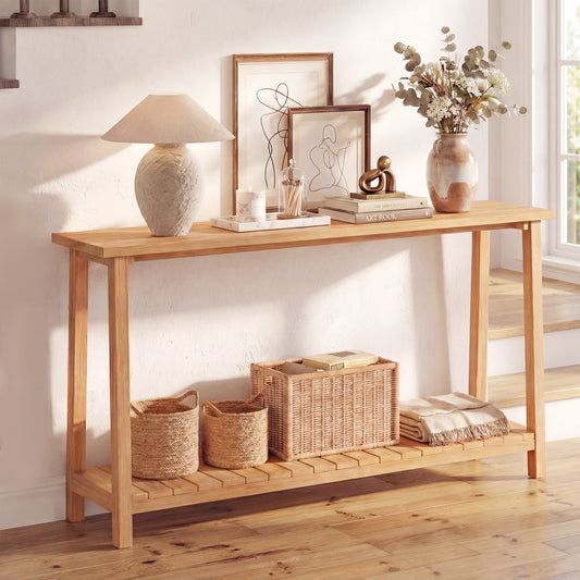 2-Tier Farmhouse Sofa Table, Teak Wood Frame, Storage Shelf Console Tables Options at Gallery Canada