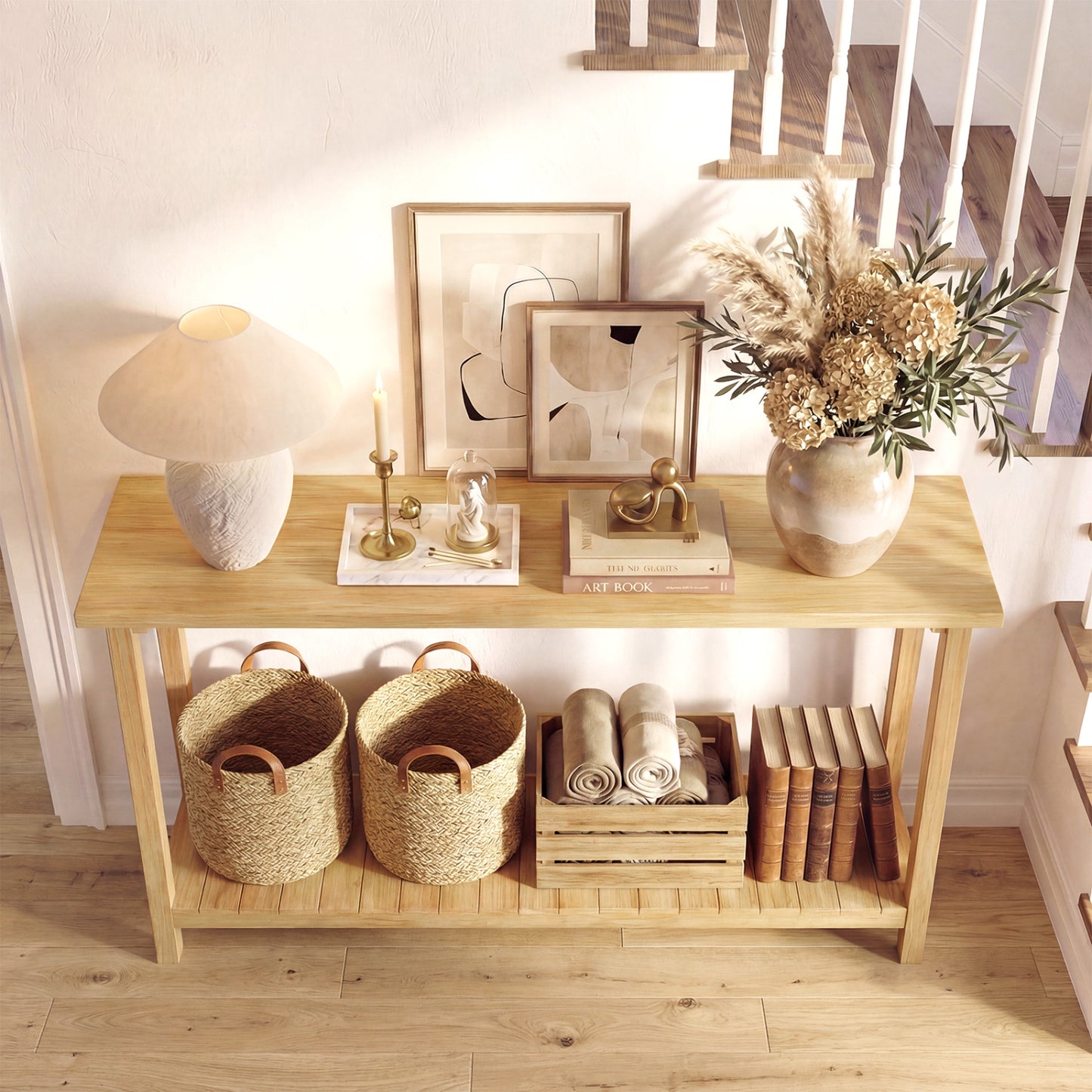 2-Tier Farmhouse Sofa Table, Teak Wood Frame, Storage Shelf Console Tables at Gallery Canada