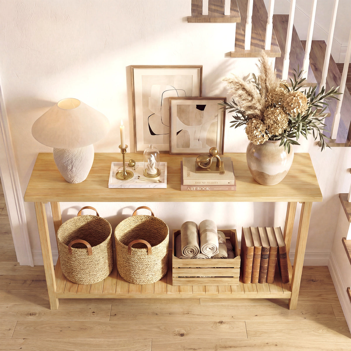 2-Tier Farmhouse Sofa Table, Teak Wood Frame, Storage Shelf Console Tables at Gallery Canada