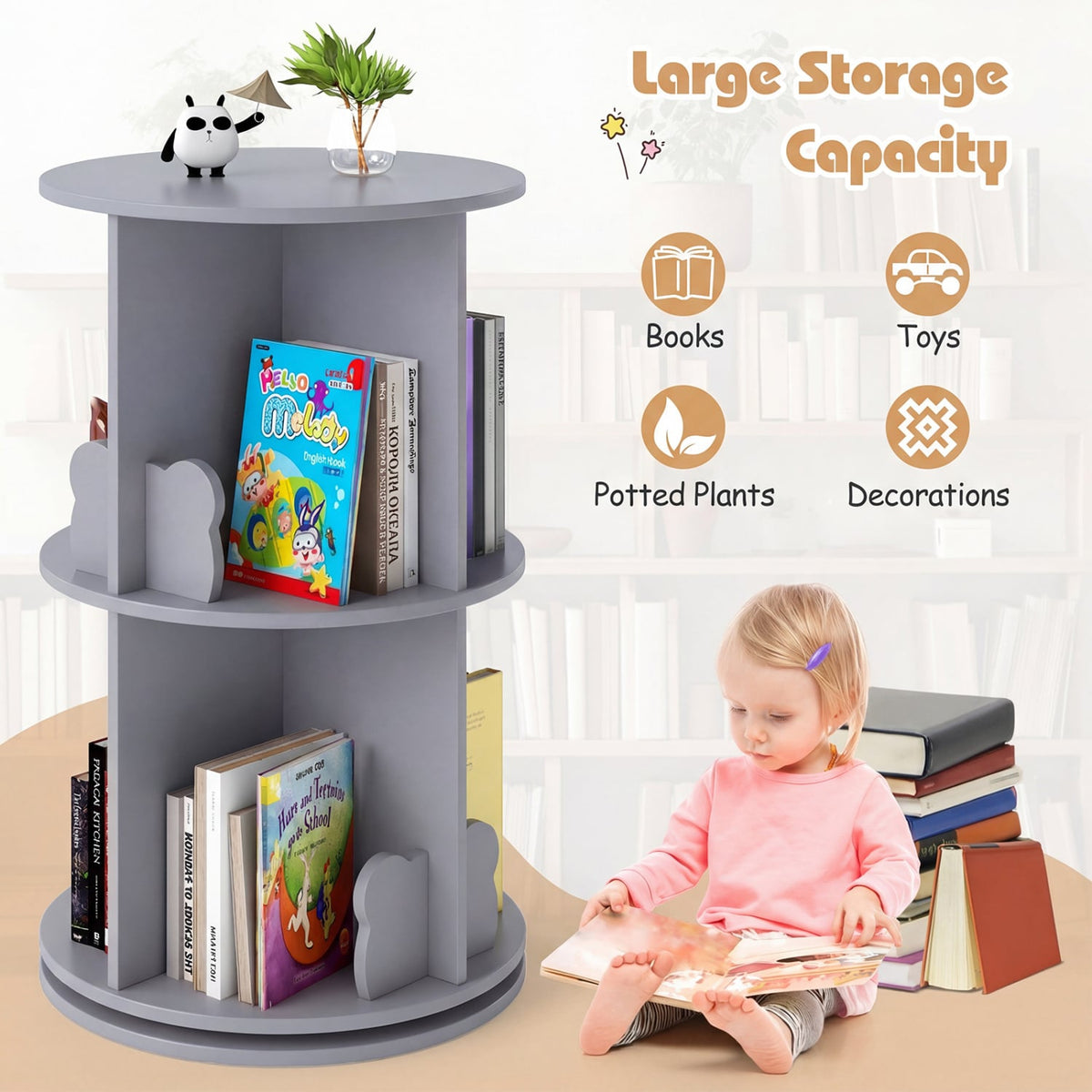 2 Tier Kids Rotating Bookshelf Rack Bear Baffles, Gray
