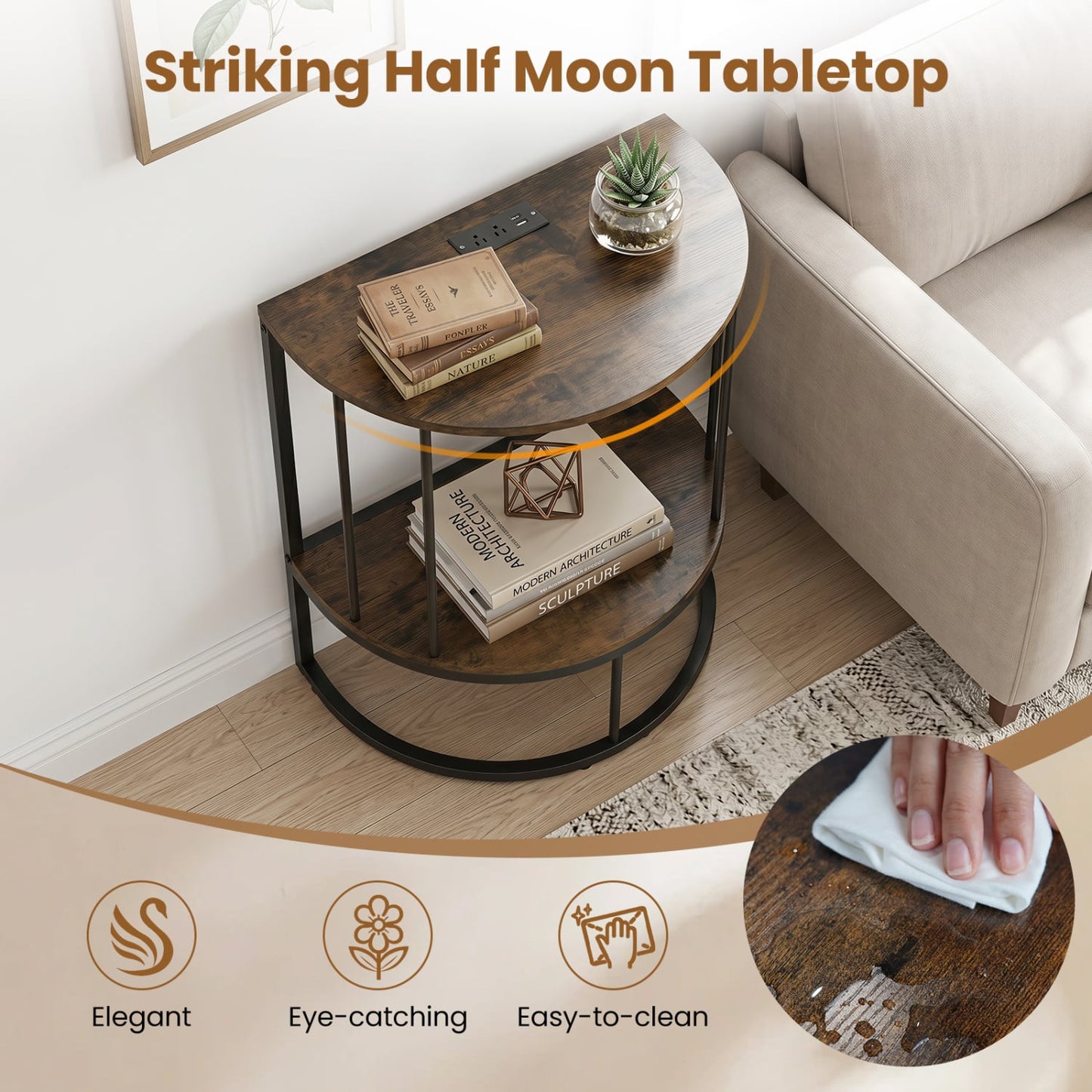 2-Tier Half Moon Console Table with Power Outlets, Brown