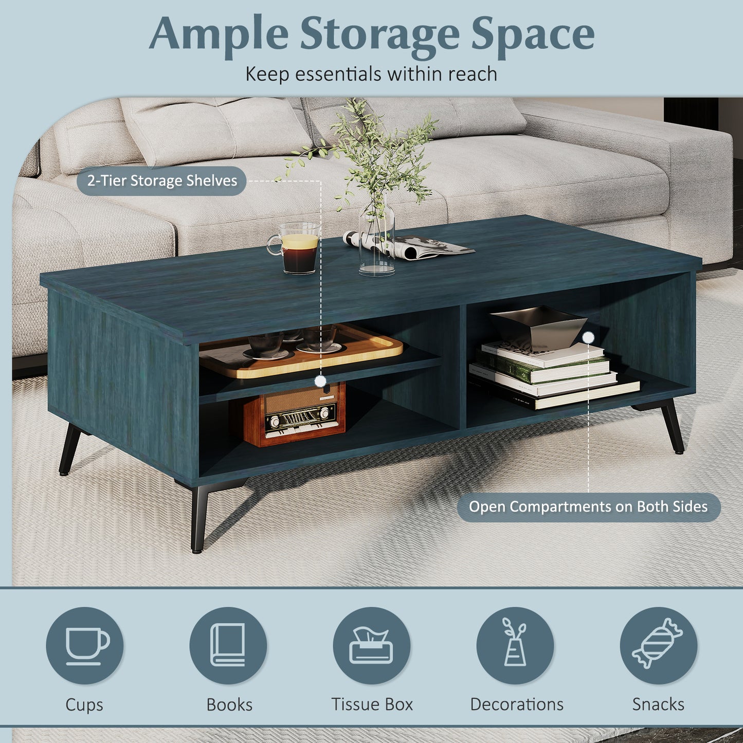 2-Tier Mid Century Modern Coffee Table with Storage Shelves Compartments, Blue Coffee Tables at Gallery Canada