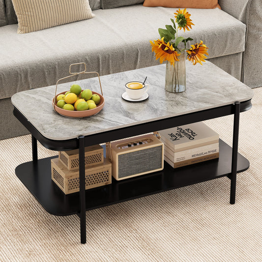 2-Tier Modern Rectangular Coffee Table with Sintered Stone Top, Gray