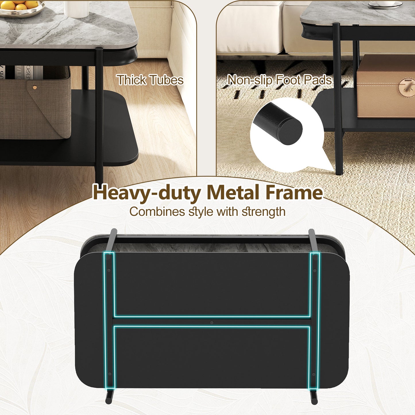 2-Tier Modern Rectangular Coffee Table with Sintered Stone Top, Gray