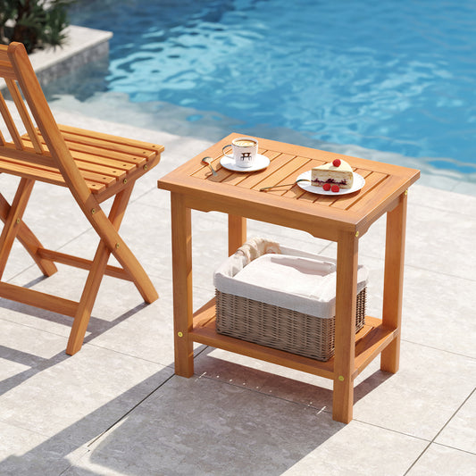 2-Tier Outdoor Acacia Wood Side Table, Slatted Tabletop, Storage Shelf Patio Coffee Tables Options at Gallery Canada