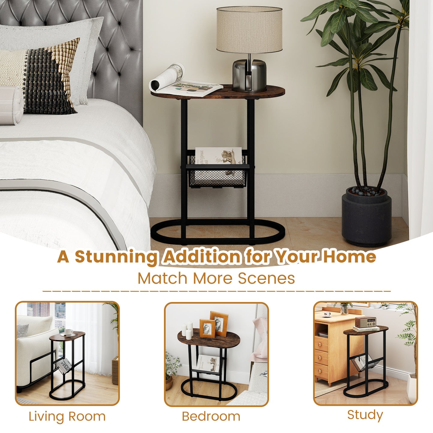 2-Tier Oval Narrow Bedside End Table, Rustic Brown End & Side Tables at Gallery Canada