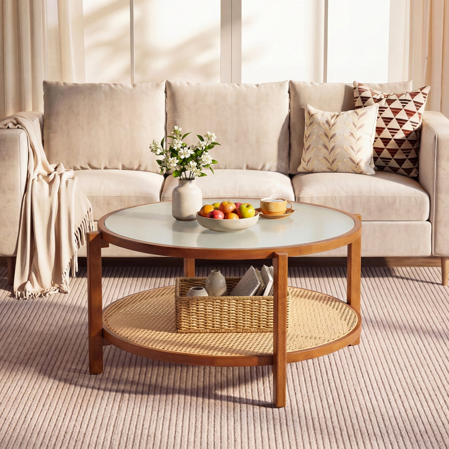 2-Tier Rattan Coffee Table with Frosted Tempered Glass Top and Wood Legs, Walnut Coffee Tables at Gallery Canada