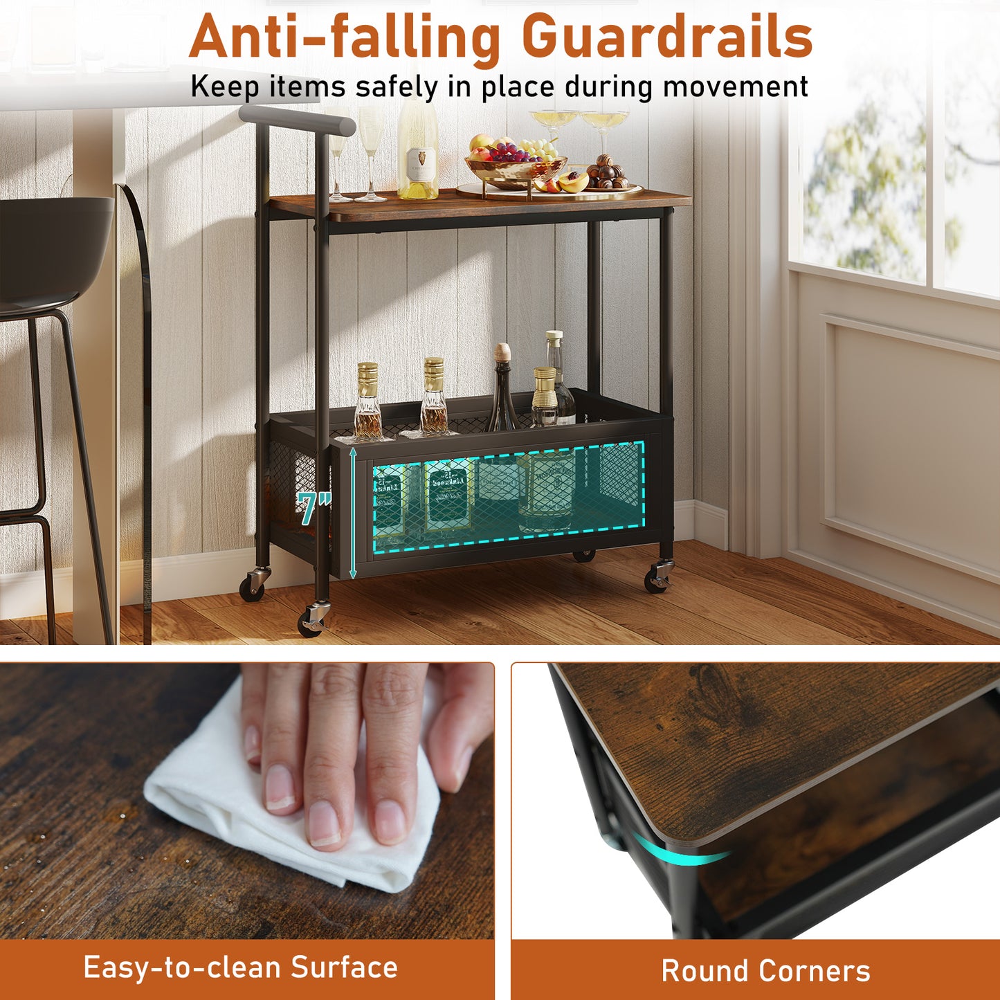 2-Tier Rolling End Table with Handle and Mesh Basket, Rustic Brown End & Side Tables at Gallery Canada