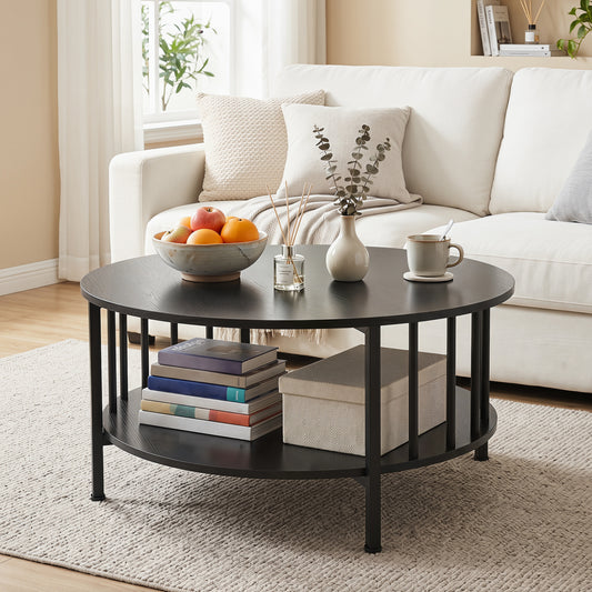 2-Tier Round Coffee Table with Storage Shelf and Metal Accents in Black Walnut, Black Coffee Tables Black at Gallery Canada
