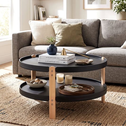 2-Tier Round Coffee Table, Open Shelf, Black Coffee Tables Black at Gallery Canada