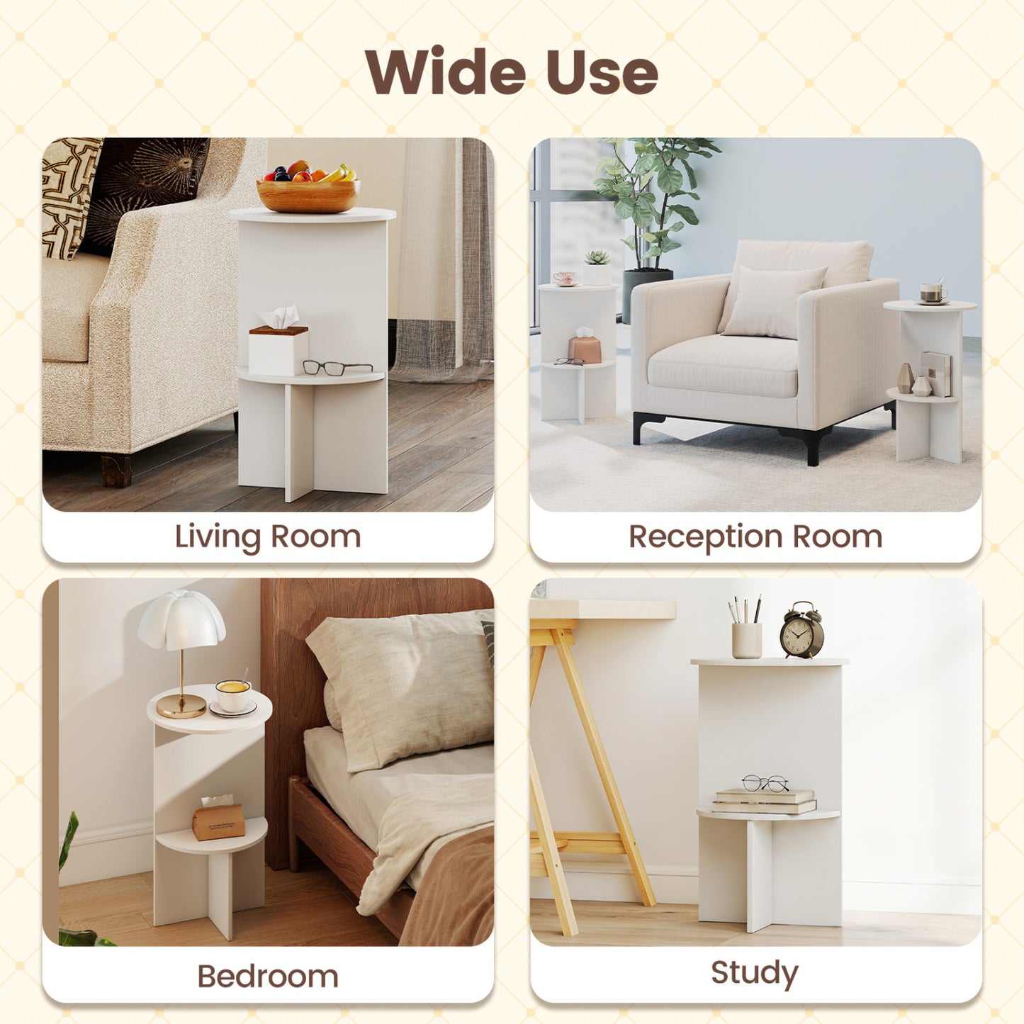 2-Tier Round Side Table with Storage Shelf, White