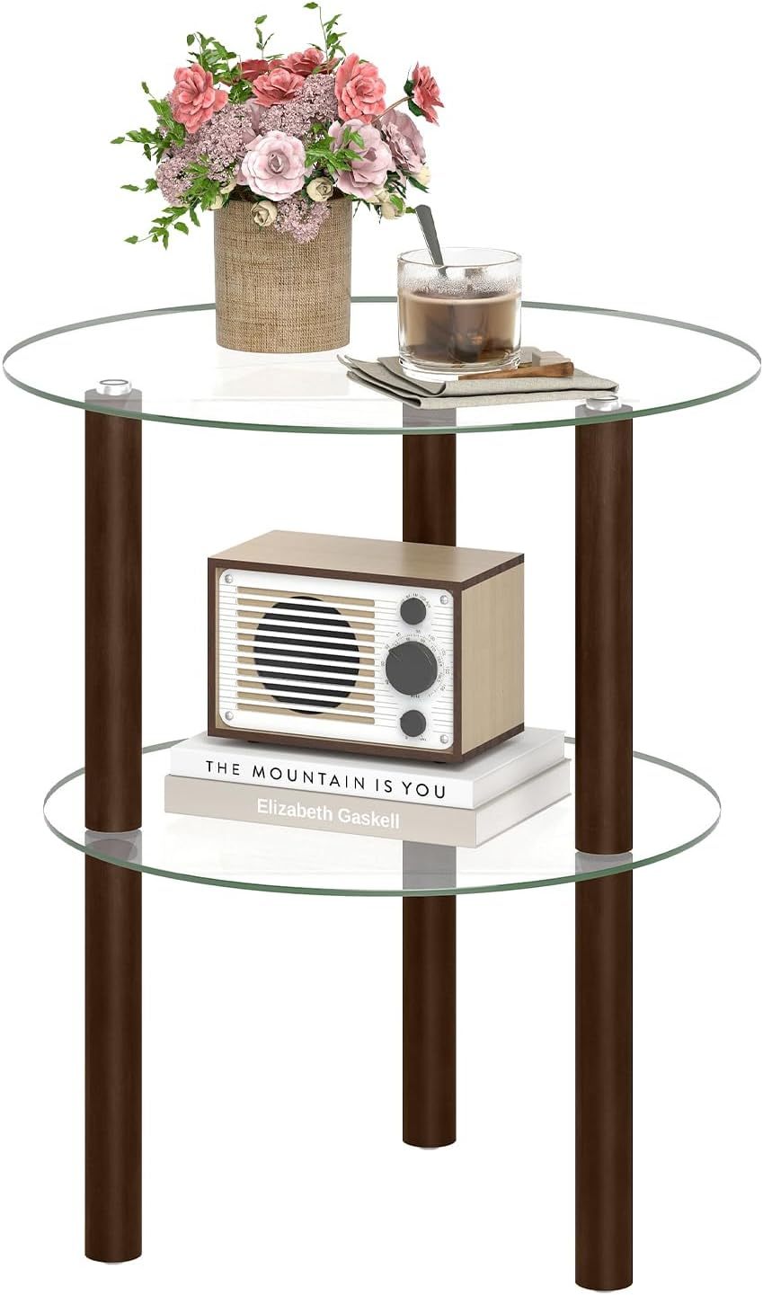 2-Tier Round End Table, Clear Glass Top & Shelf, Brown