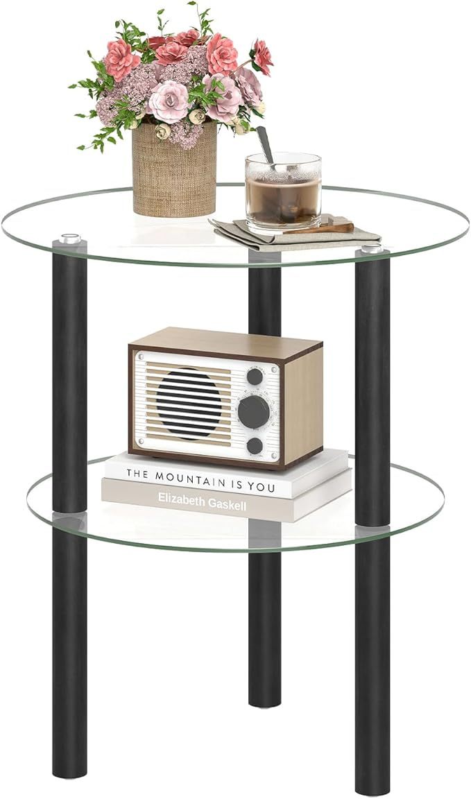 Two-Tier Round End Table, Clear Glass Top, Black