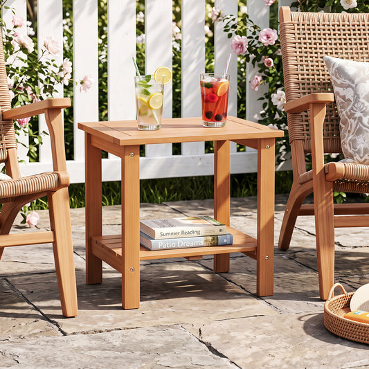 2-Tier Wood Patio End Table, Slatted Tabletop, Storage Shelf End & Side Tables Natural at Gallery Canada