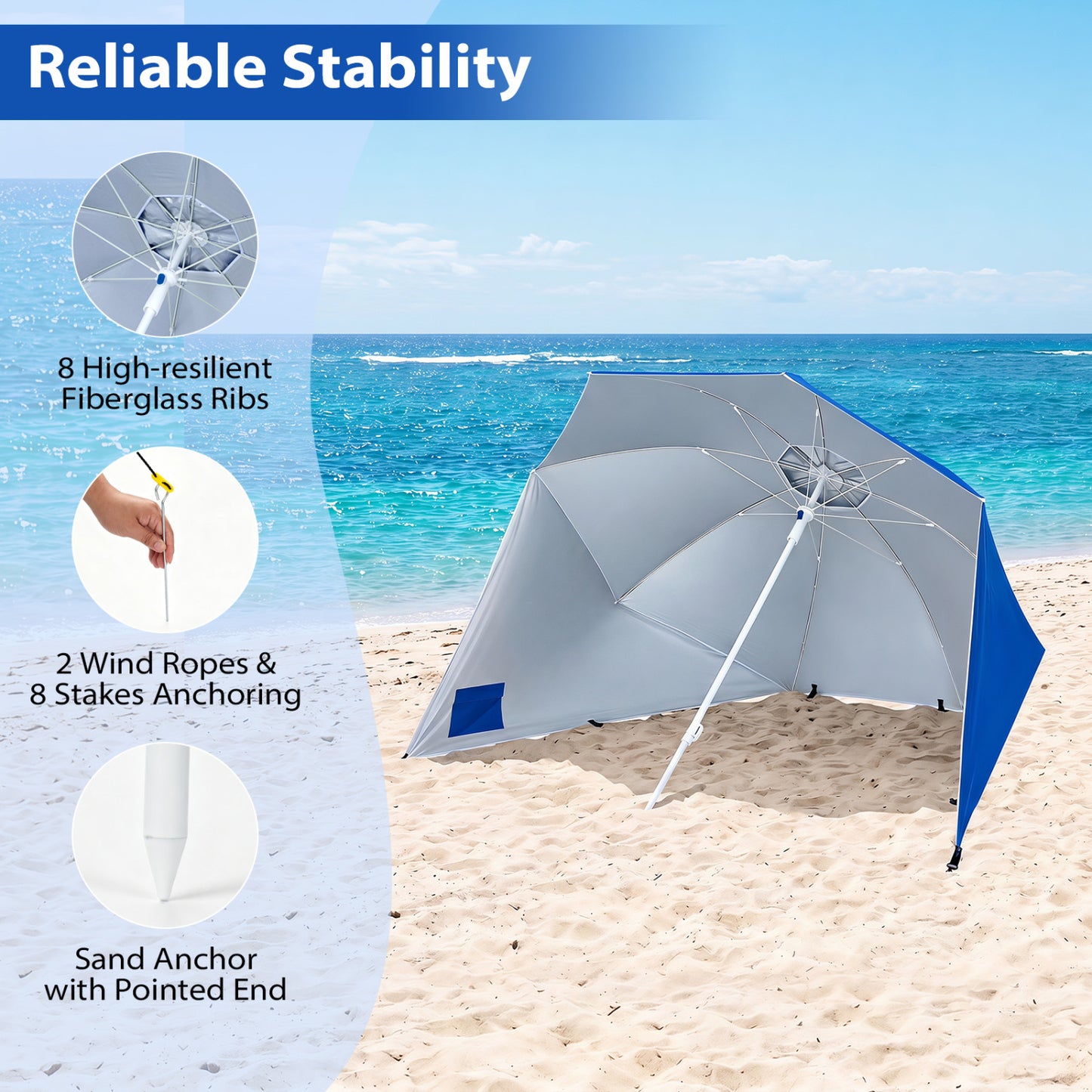 Beach Shelter Umbrella UPF 50+, Side Panels, Blue Outdoor Umbrellas at Gallery Canada