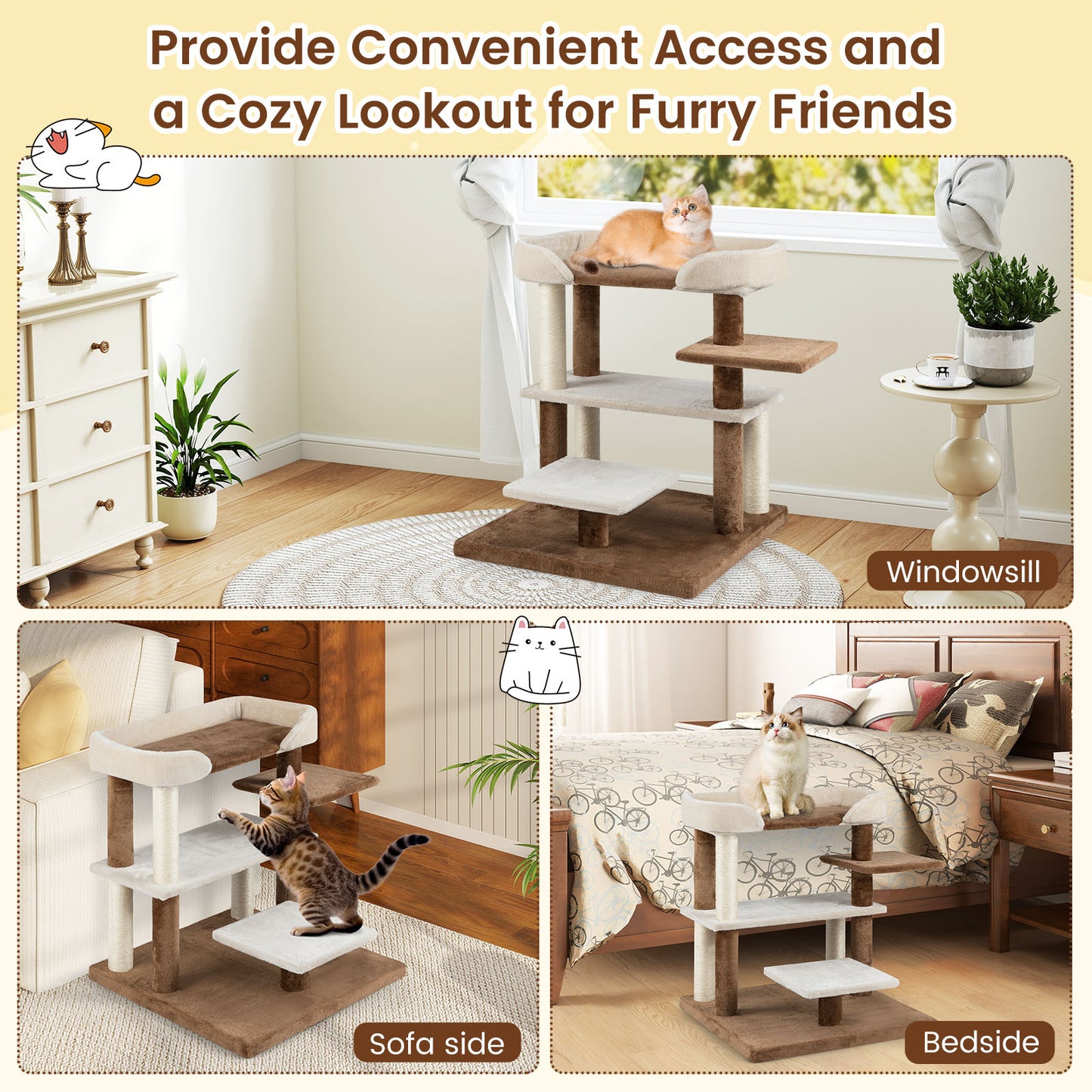 2-in-1 Cat Tree Tower Pet Steps with Sisal Scratching Posts and 4 Large Platforms, Brown Cat Trees Condos & Scratchers at Gallery Canada