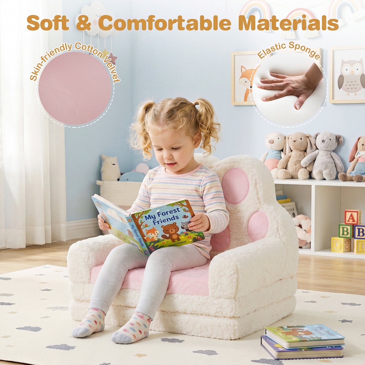 2-in-1 Convertible Kids Sofa to Lounger with Removable Cover, Pink Kids Chairs & Seating at Gallery Canada