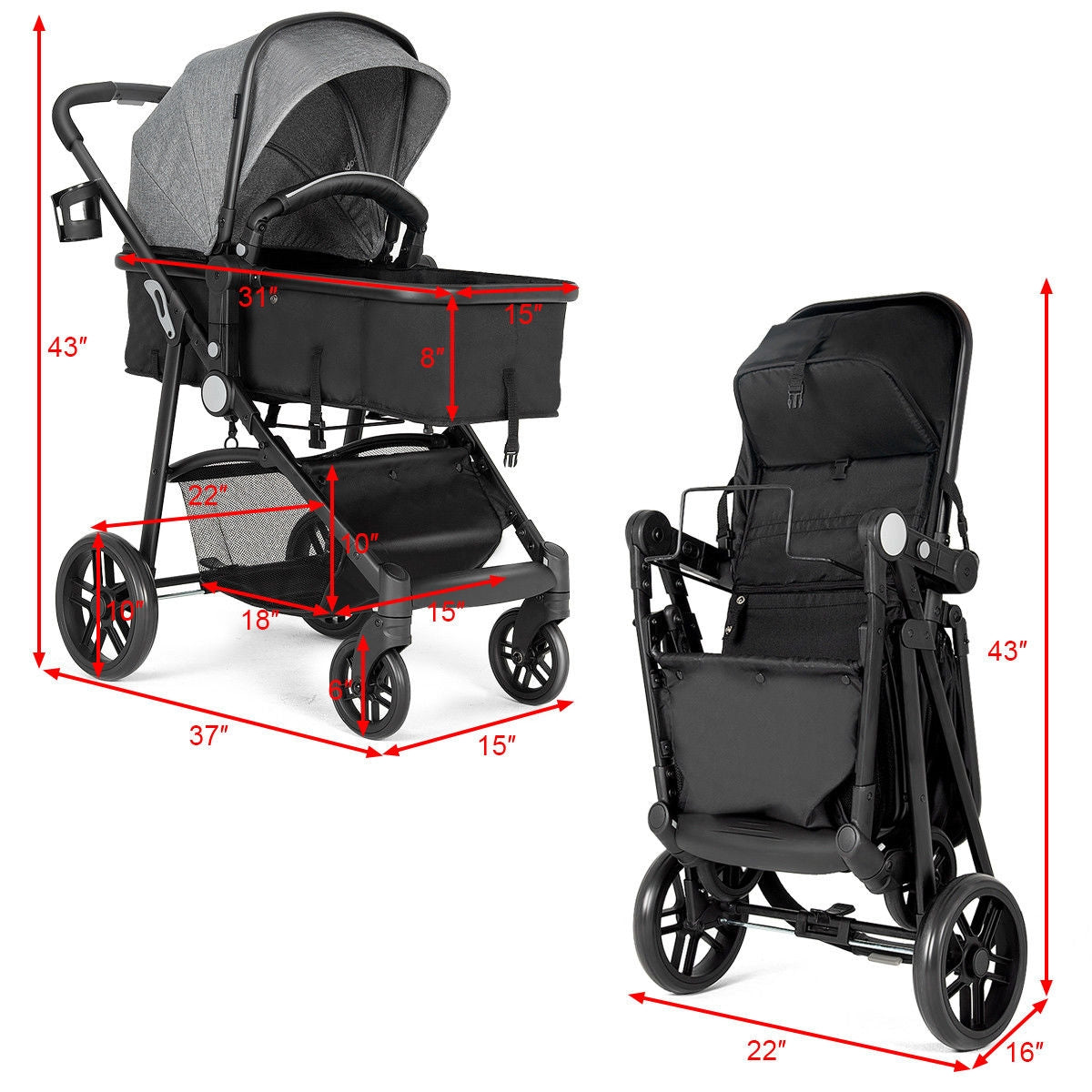 2 In 1 Foldable Newborn Baby Stroller, Gray