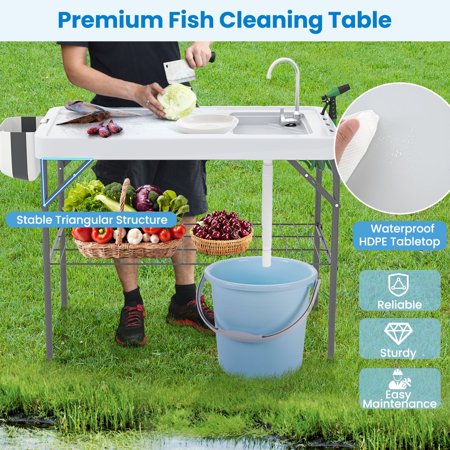 Table de nettoyage de poisson pliante 2 en 1 avec évier et robinet