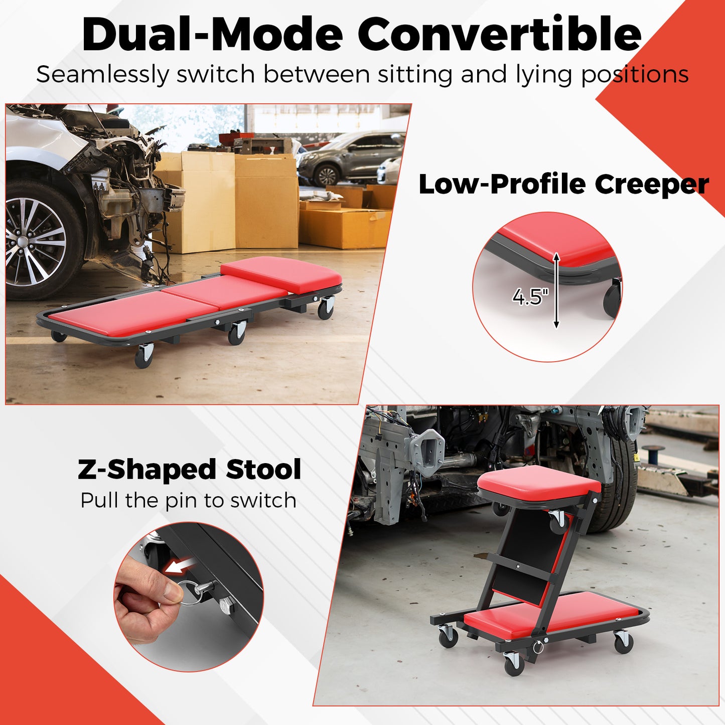 2-in-1 Folding Low Profile Mechanic Creeper with Padded Seat and 6 Wheels-RE, Red Garages at Gallery Canada