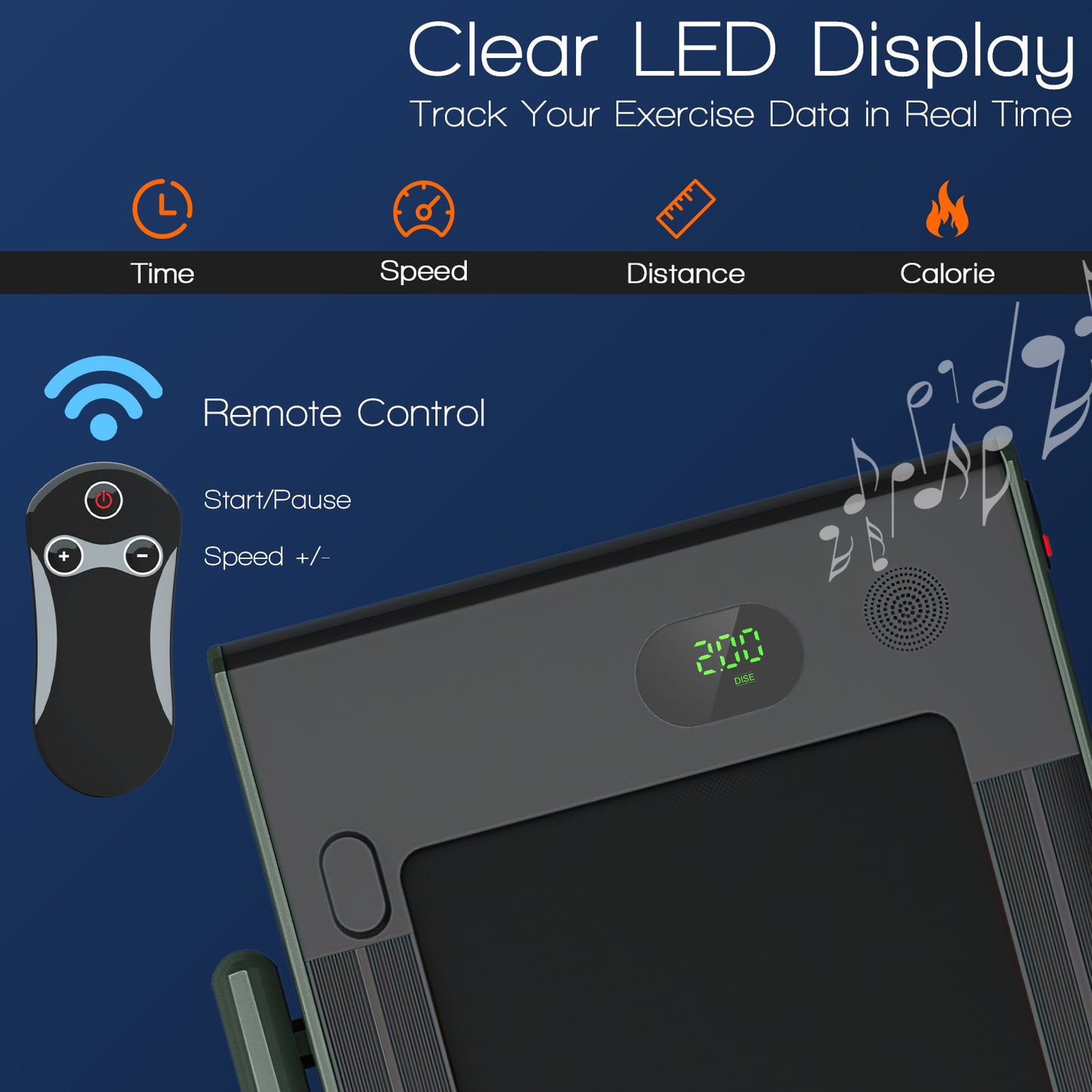 2-in-1 Folding Treadmill, Remote Control, LED Display, Green