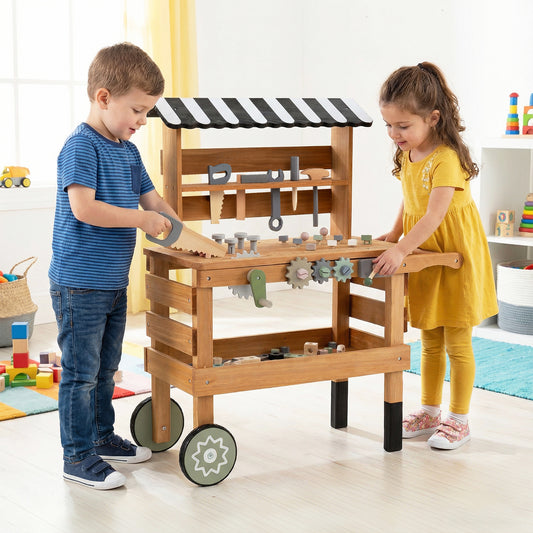 2-in-1 Kids Rolling Cart with Play Tools Set for Construction Play-BN, Brown Play Kitchen Sets Brown at Gallery Canada