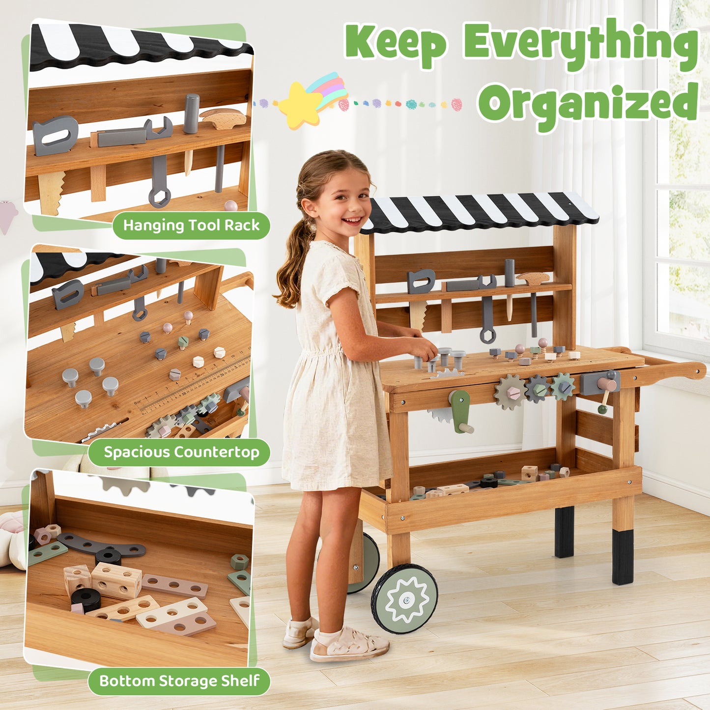 2-in-1 Kids Rolling Cart with Play Tools Set for Construction Play-BN, Brown Play Kitchen Sets at Gallery Canada