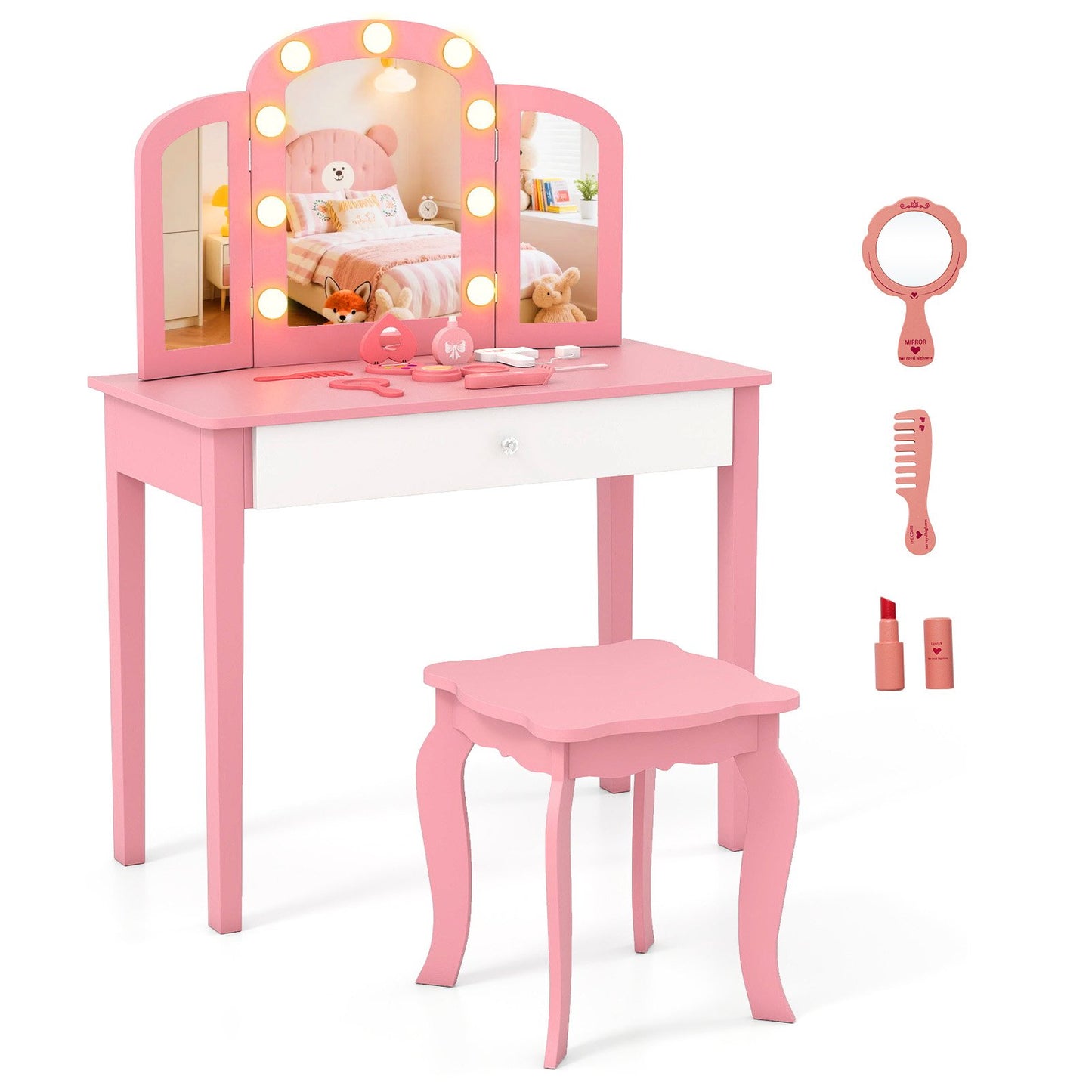 2-in-1 Kids Vanity Table Set with Tri-Folding Detachable Mirror and Lights, Pink Kids Vanities Pink at Gallery Canada