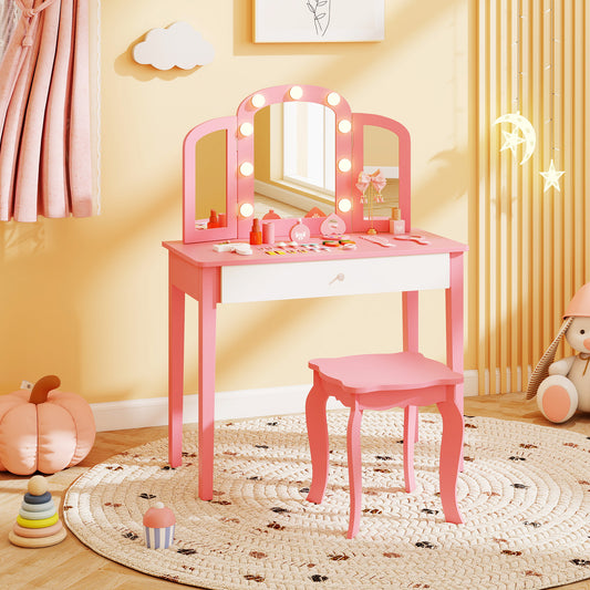 Kids Vanity Table Set, Tri-Folding Mirror With Lights, Pink