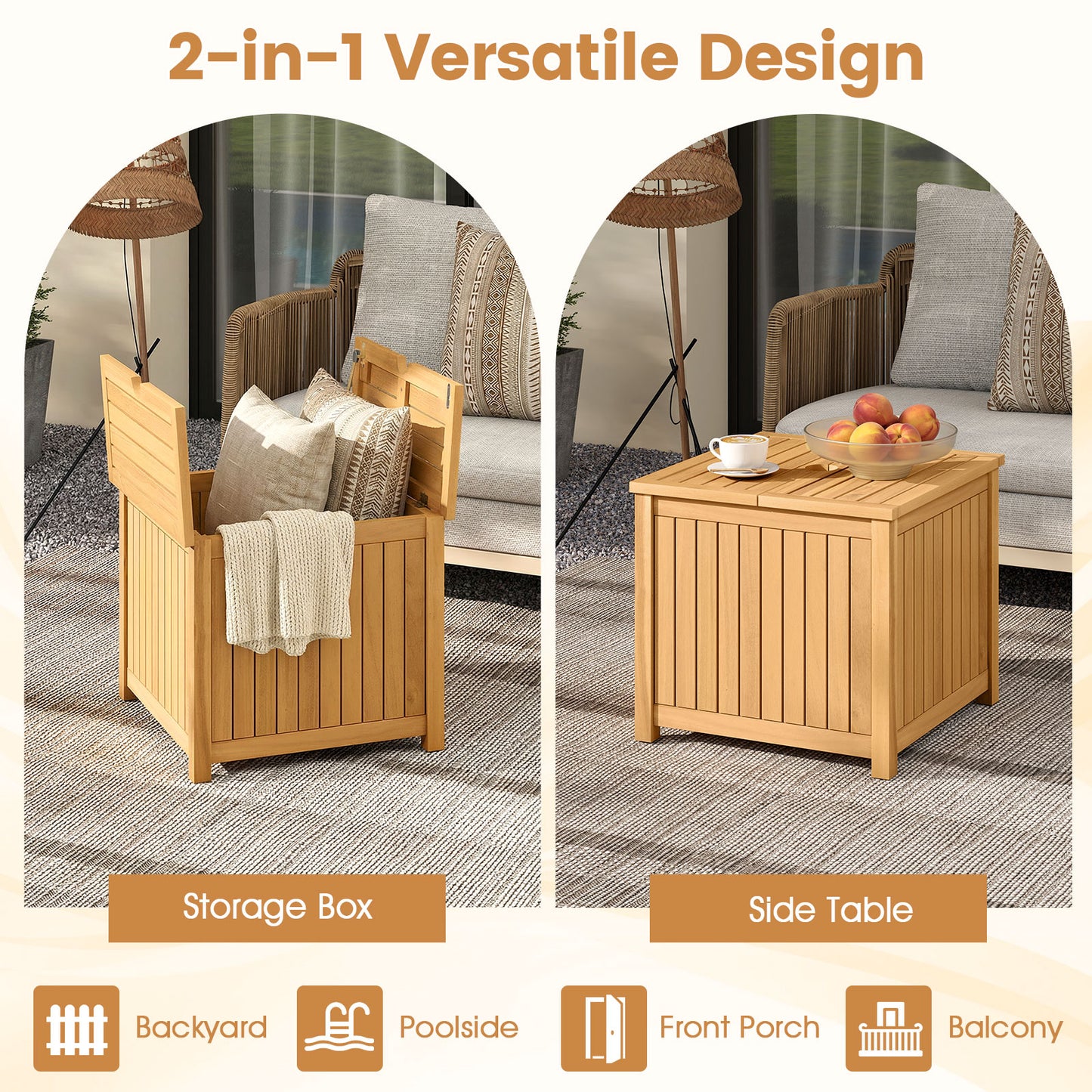 2-in-1 Outdoor Side Table with Storage Acacia Wood Slatted Coffee Table Square Slatted End Storage Box Patio Coffee Tables at Gallery Canada