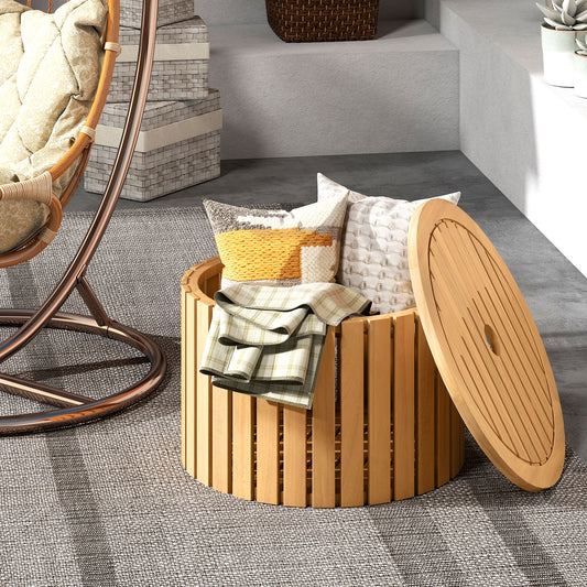 2-in-1 Outdoor Side Table with Storage Acacia Wood Slatted Coffee Table Round Slatted End Storage Box