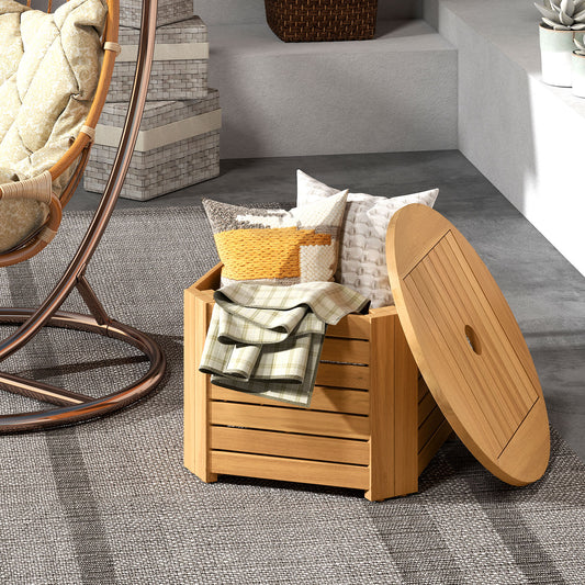 2-in-1 Outdoor Side Table with Storage Acacia Wood Slatted Coffee Table Square and Round Slatted End Storage Box