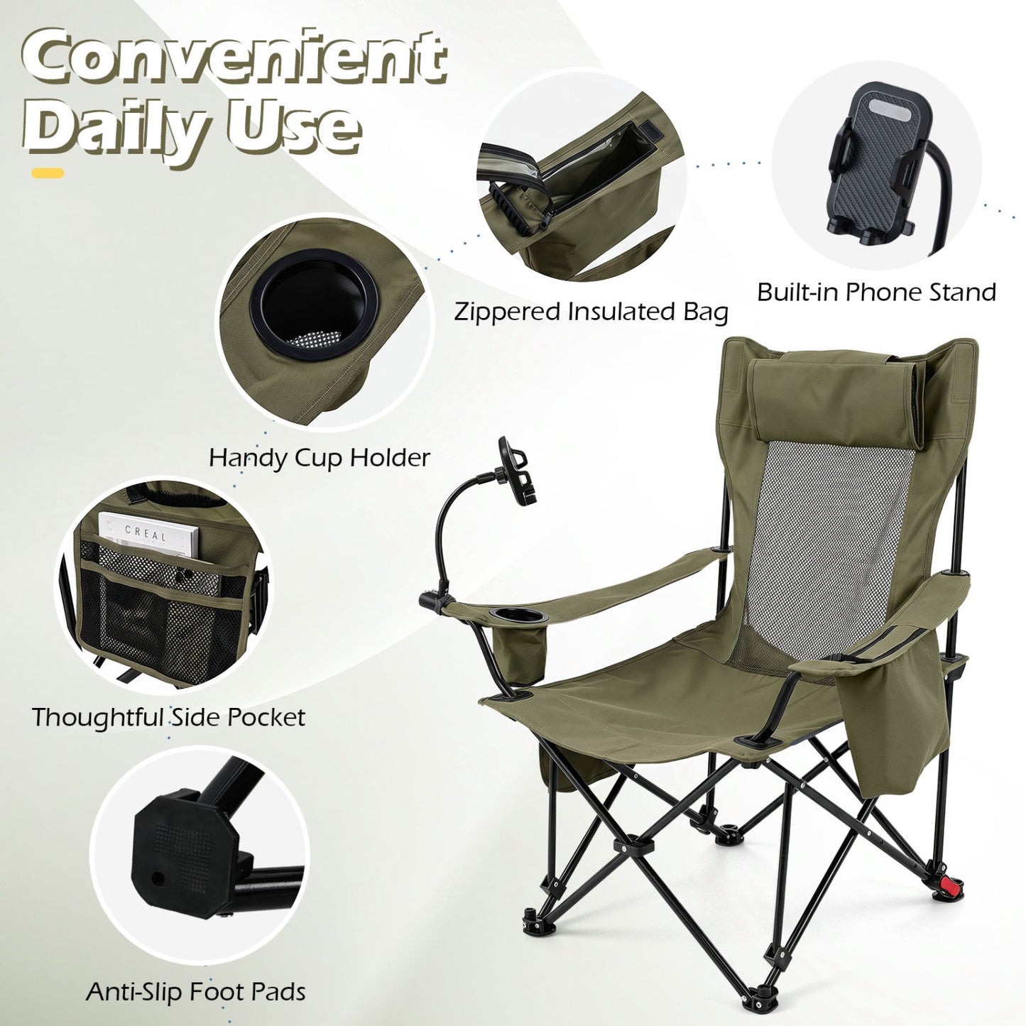 2-in-1 Reclining Camping Chair with 3-Level Adjustable Backrest, Green Camping Furniture at Gallery Canada