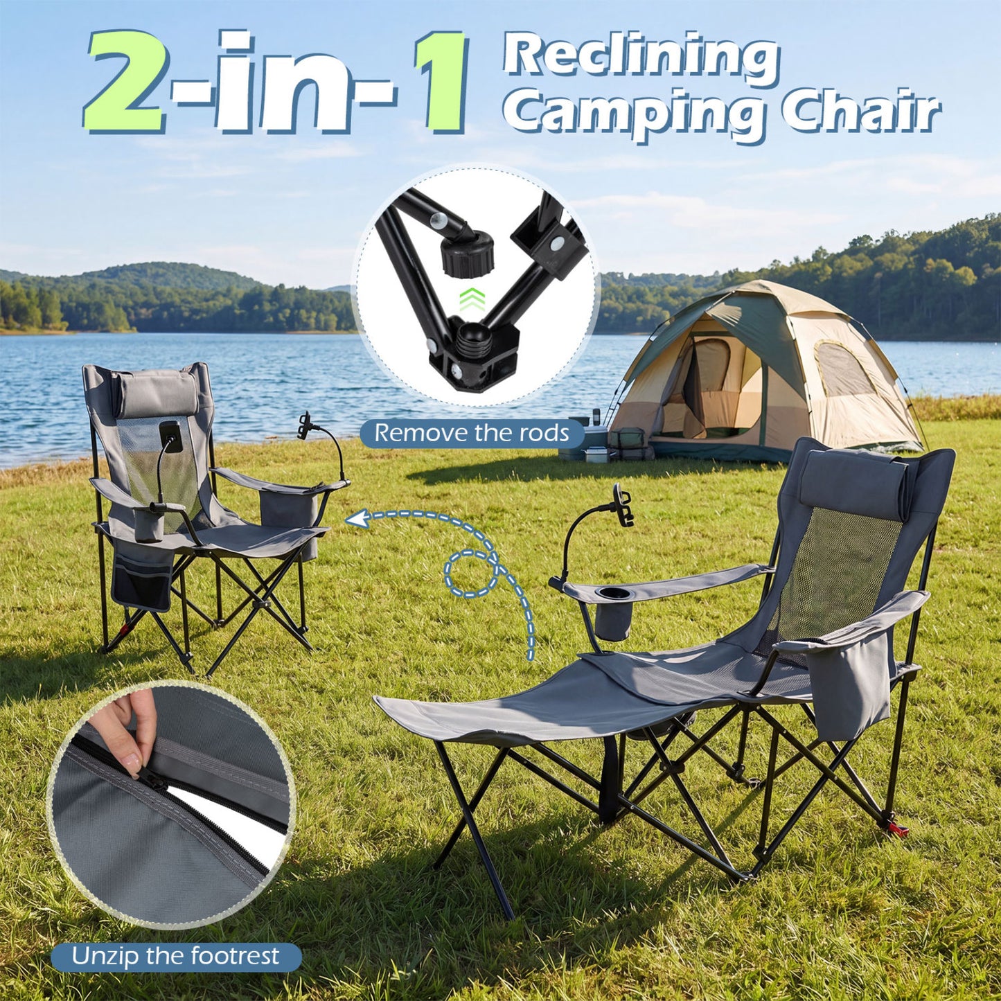 2-in-1 Reclining Camping Chair with 3-Level Adjustable Backrest, Gray Camping Furniture at Gallery Canada